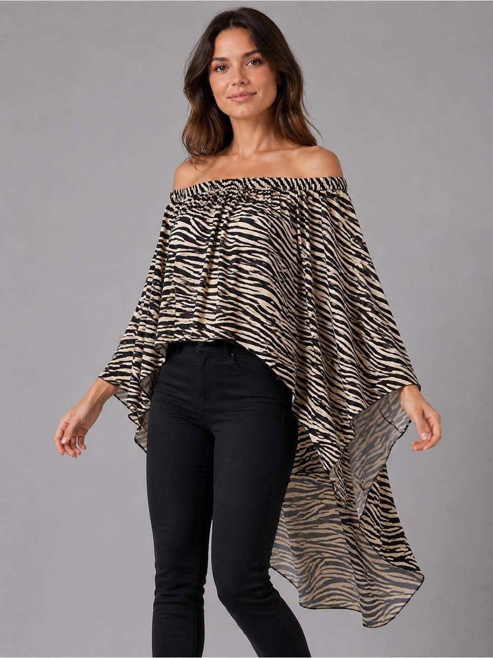 Off-Shoulder Zebra Print High-Low Top - Beige/Black